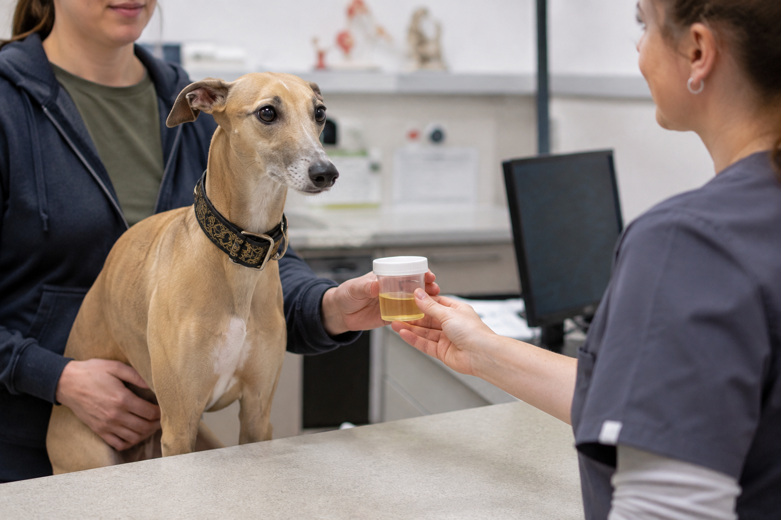Majitel odebírá vzorek moči psa podle pokynů veterináře